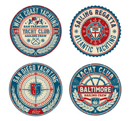 Wall Mural - Yacht club retro patch, regatta badge. Sea sailing and navigation vector retro labels. Nautical regatta round badge or yachting sport grunge symbols with coat of arms, compass and laurel wreath