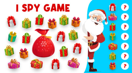 Christmas presents i spy game and cartoon Santa. Kids vector riddle worksheet with saint Nicholas and colorful gift boxes. How many children test, education task for baby math skills development