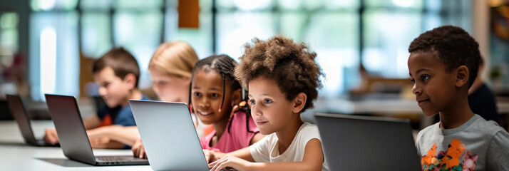 kids at coding camp enjoy learning programming with laptops.