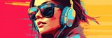 art portrait of a beautiful woman immersed in music through headphones, featuring design bright