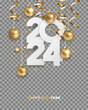 Happy new year 2024. White paper numbers with golden Christmas decoration and confetti, isolated on transparent background. Holiday greeting card design.