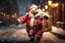 Christmas And New Year Concept. Funny Santa Claus Pig With Gift Box Running On The Street.