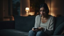 Sad White Woman Alone At Home, Asian Woman Received Notification Message With Bad News Sitting On Couch In Living Room