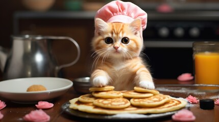 Poster - A kitten in a chef's hat sitting at a table with pancakes and orange juice