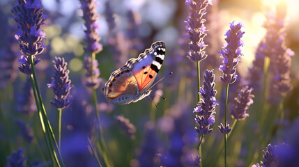 Wall Mural - Paysage de fleurs dans un champs avec un beau papillon sur fond ensoleillé. Champêtre, nature, plante. Fond pour conception et création graphique.