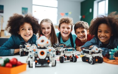 Enthusiastic kids of different nationality working on technology project at school making artificial intelligence toys, robotics