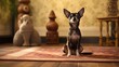 Cute dog sitting on a rug in a warm and cozy living room. Generative AI.