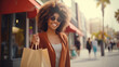 © Natalia - A woman with an afro hair holding shopping bags. Generative AI.