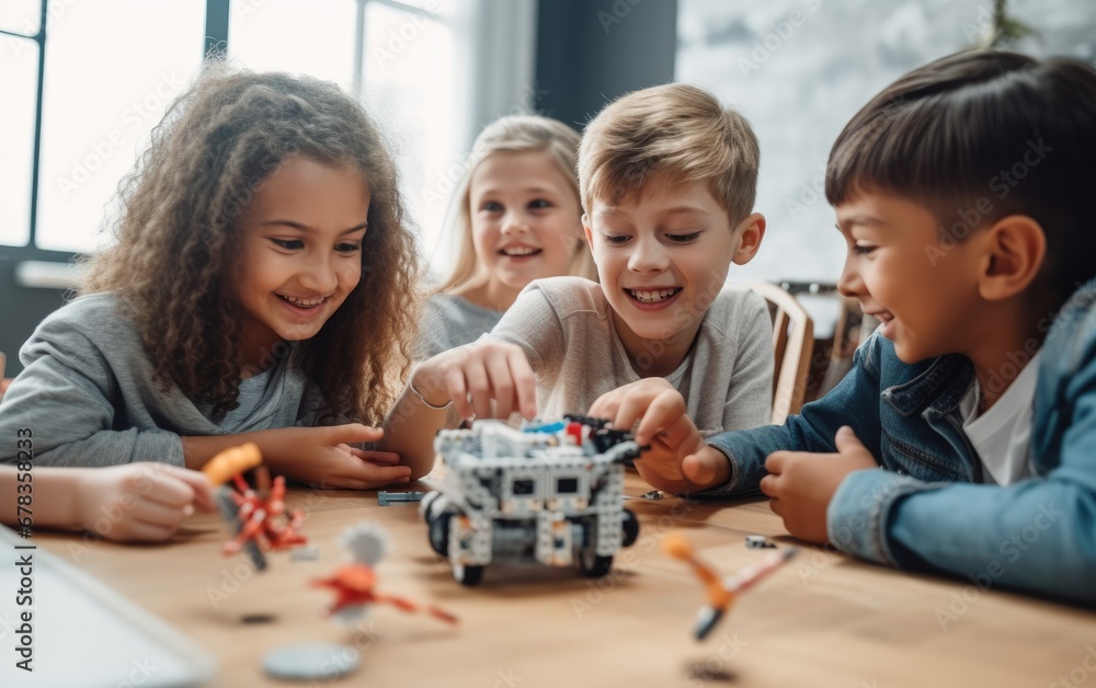 Enthusiastic kids of different nationality working on technology project at school making artificial intelligence toys, robotics