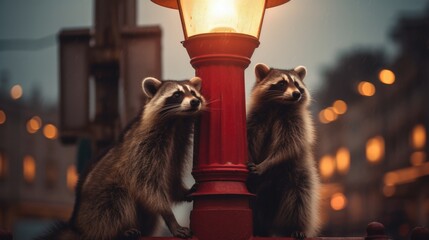 Poster - A couple of raccoons standing on top of a red lamp post. Generative AI.