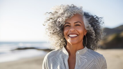 Beautiful gorgeous 50s mid age elderly senior model black woman at the beach with grey hair laughing and smiling. Mature old lady close up portrait, generative ai