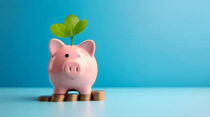 Wall Mural - Smiling pink pig piggy bank, a stack of gold coins and a green plant growing, isolated on blue background. Investment success, savings concept -