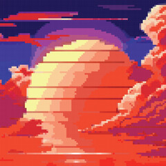 Wall Mural - Vector pixel art of 80s Retro sci-Fi background. Synthwave, Vaporwave, Retrowave. Pixel art background with mountains. 8bit 