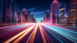 Speed light trails path through smart modern mega city and skyscrapers town with neon futuristic technology background, future virtual reality, motion effect, high speed light, with .
