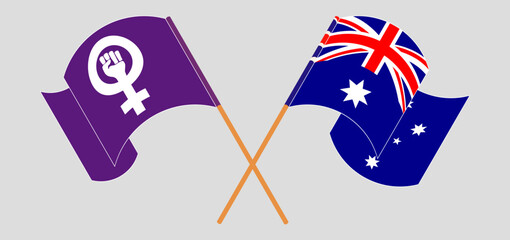 Crossed and waving flags of Feminism and Australia