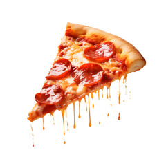 Wall Mural - Template with delicious tasty slice of pepperoni pizza flying on white background.