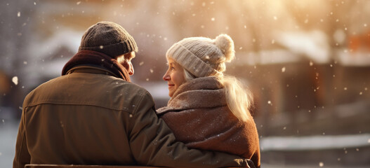 Wall Mural - Senior couple sitting on a park bench and looking each other. Elderly woman smiling and looking her husband. Both are enjoying life outdoors in snowy winter landscape.