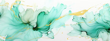Abstract White Marbled Ink Background With Green Flowers.