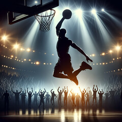 Silhouette of a basketball player performing a slam dunk, evoking the style of Michael Jordan. 