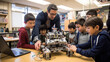 © Cedric - Teacher and students, mechanical robot programming, young students