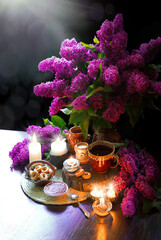 Wall Mural - Still life from food and lush lilac boquet