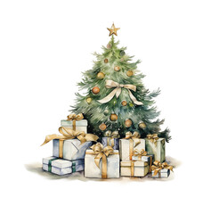 watercolor christmas tree illustration cozy winter holiday, christmas tree with gifts, rustic, decor
