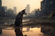 An abandoned dog sitting in a puddle of water in front of a devastated city skyline.