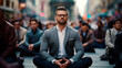Man Meditating in Middle of Busy Street