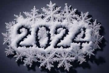 Merry Christmas and Happy New Year 2024 holiday card. Number 2024 write on snow and snowflakes. Top view