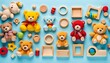 Baby kids toy pastel blue background. Teddy bears, colorful wooden educational, sensory, sorting and stacking toys for children on light blue background. Top view, flat lay