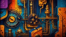 Intricate Steampunk Mural With Mechanical Gears And Pipes On Bold Blue And Orange Hues On Abstract Background