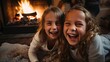 two girls laugh together in cozy house at winter night time, fireplace  in living room, happiness life, Generative Ai