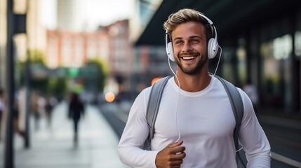 White smiling young man doing a morning jog in the city wearing headphones, generative a