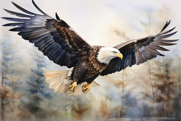 Wall Mural - A bald eagle soaring, water color painting.