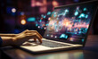 © Vitalii - Close up of woman hands using laptop with glowing business interface. Mixed media