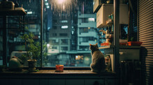 Cat Looking Out Of A Window Onto A Cityscape In The Rain