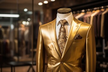 Wall Mural - A Classic Suit in golden color in a Clothing Store.