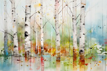 Wall Mural - Watercolor painting forest landscape of birch trees in spring.