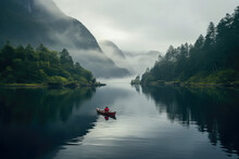 Canoeing On A Forest Lake In The Mountains