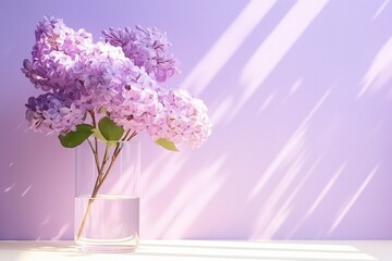 Wall Mural - Beautiful violet lilac flower in transparent glass vase standing on white table, sunlight on pastel violet wall.