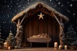 Christmas scene with an empty wooden manger.