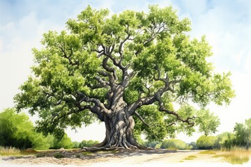 Wall Mural - Watercolor and pencil drawing of oak tree.