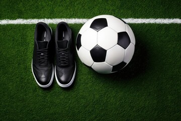 Canvas Print - Top view of soccer ball and pair of football sports shoes on soccer field.