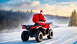 ATV with santa claus, gift boxes in rucksack. Santa Riding An quad bike. Santa Claus on racing vehicle wearing red costume. Man dressed as Santa Claus riding on nord pole. back rear view Generative ai