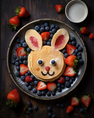 Breakfast for child, pancakes in the shape of rabbit face, decorated with blueberries and strawberries slices on wooden background