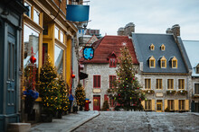 Quaint Old Town Decorated For Christmas In Quebec, Canada