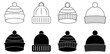 Winter hat icons. Winter outline knitted hats. Vector illustration isolated on white background