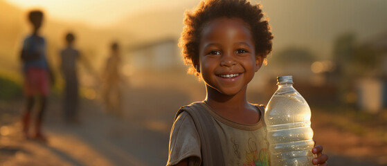 african boy with bottle of drinking water, generative ai