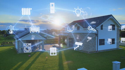 Smart home network with icons in front of smart, modern house. Photovoltaic, heating, camera system, automatic shutters