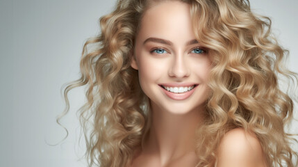  Young woman with clean skin, beautiful teeth and healthy hair. Natural beauty